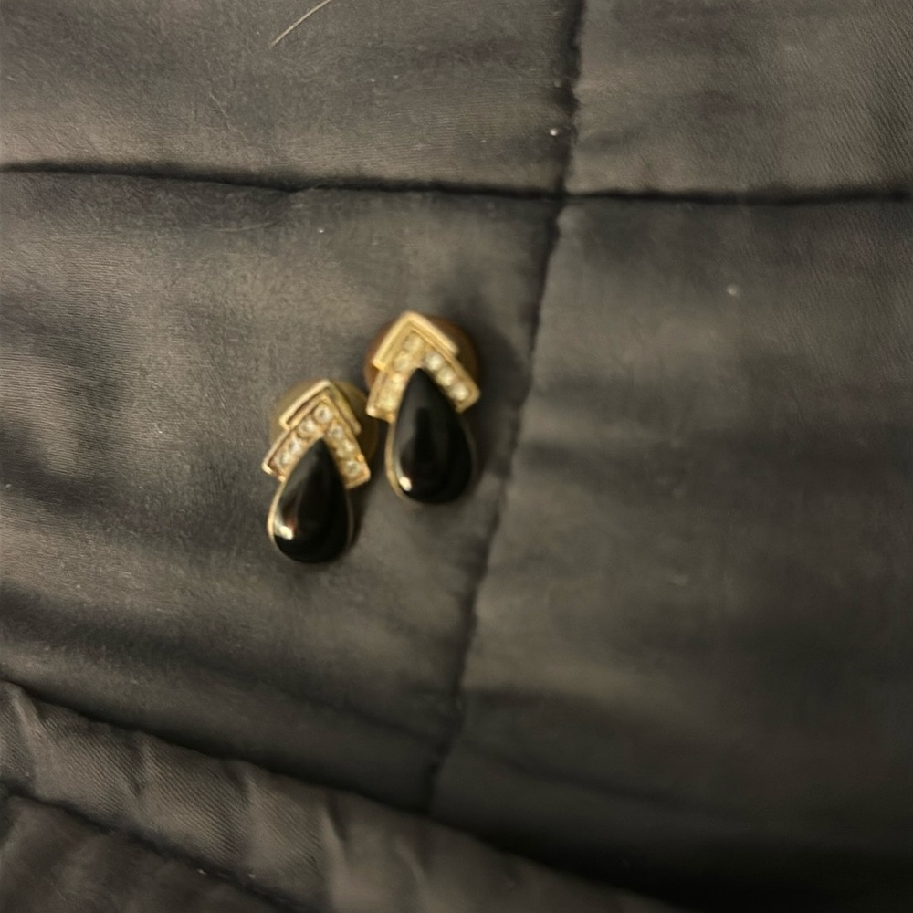 Vintage pierced Trifari Black a Enamel and Rhinestone Earrings